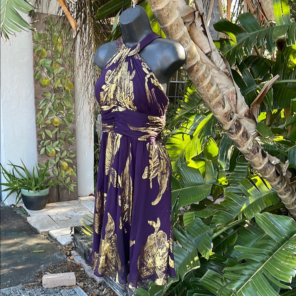 Metallic  dark floral gold silk halter dress